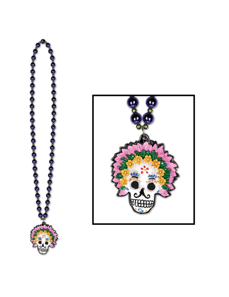 Bead Necklace with Day Of The Dead Medallion