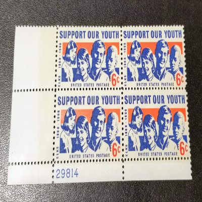 US Postage Stamps, 1968, Support Our Youth, S# 1342, Plate Block of 4 6 Cent Stamps