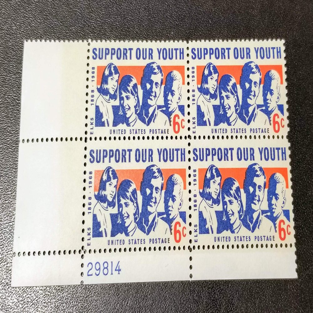 US Postage Stamps, 1968, Support Our Youth, S# 1342, Plate Block of 4 6 Cent Stamps