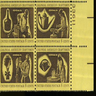 1972 US 8 Scott #1456-9 American Bicentennial - Colonial American Craftsmen Numbered Plate Block of 4