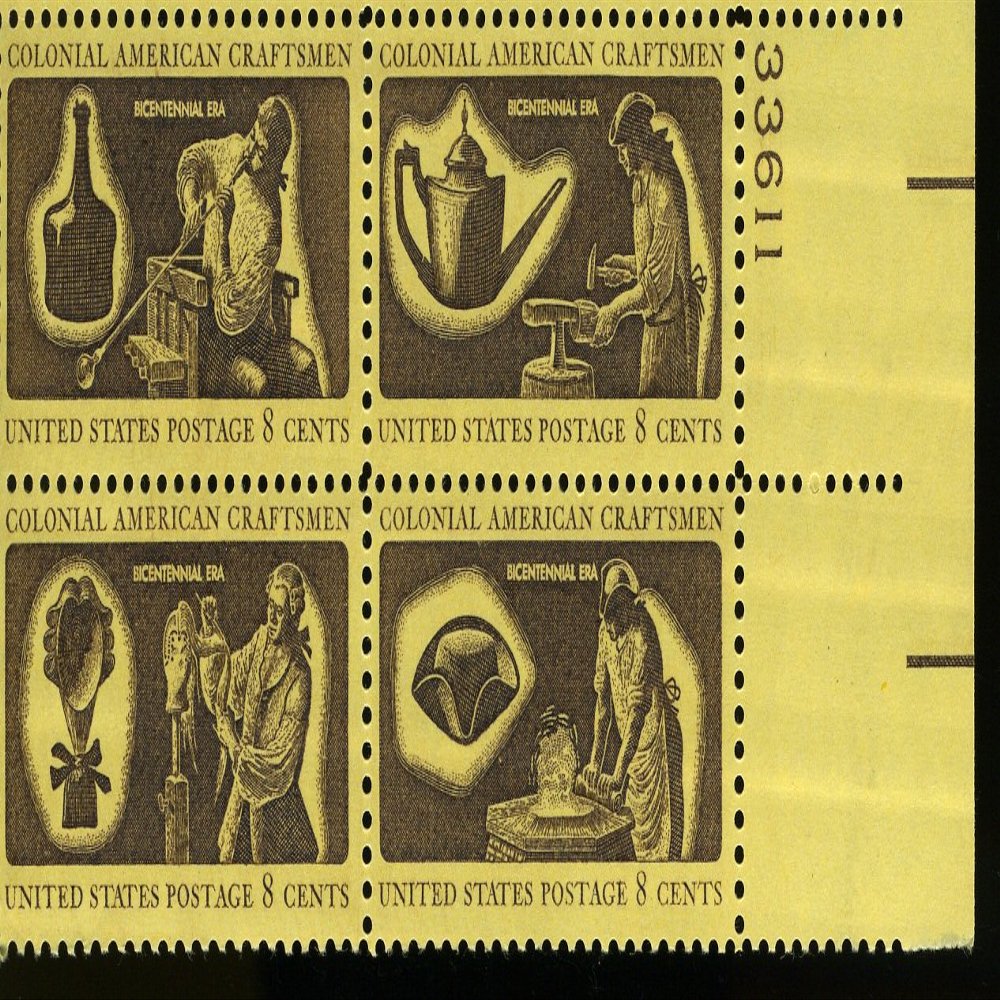 1972 US 8 Scott #1456-9 American Bicentennial - Colonial American Craftsmen Numbered Plate Block of 4