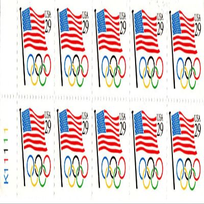 1991 Flag & Olympic Rings Booklet Pane of 10 x 29 Cent Stamps Scott 2528a