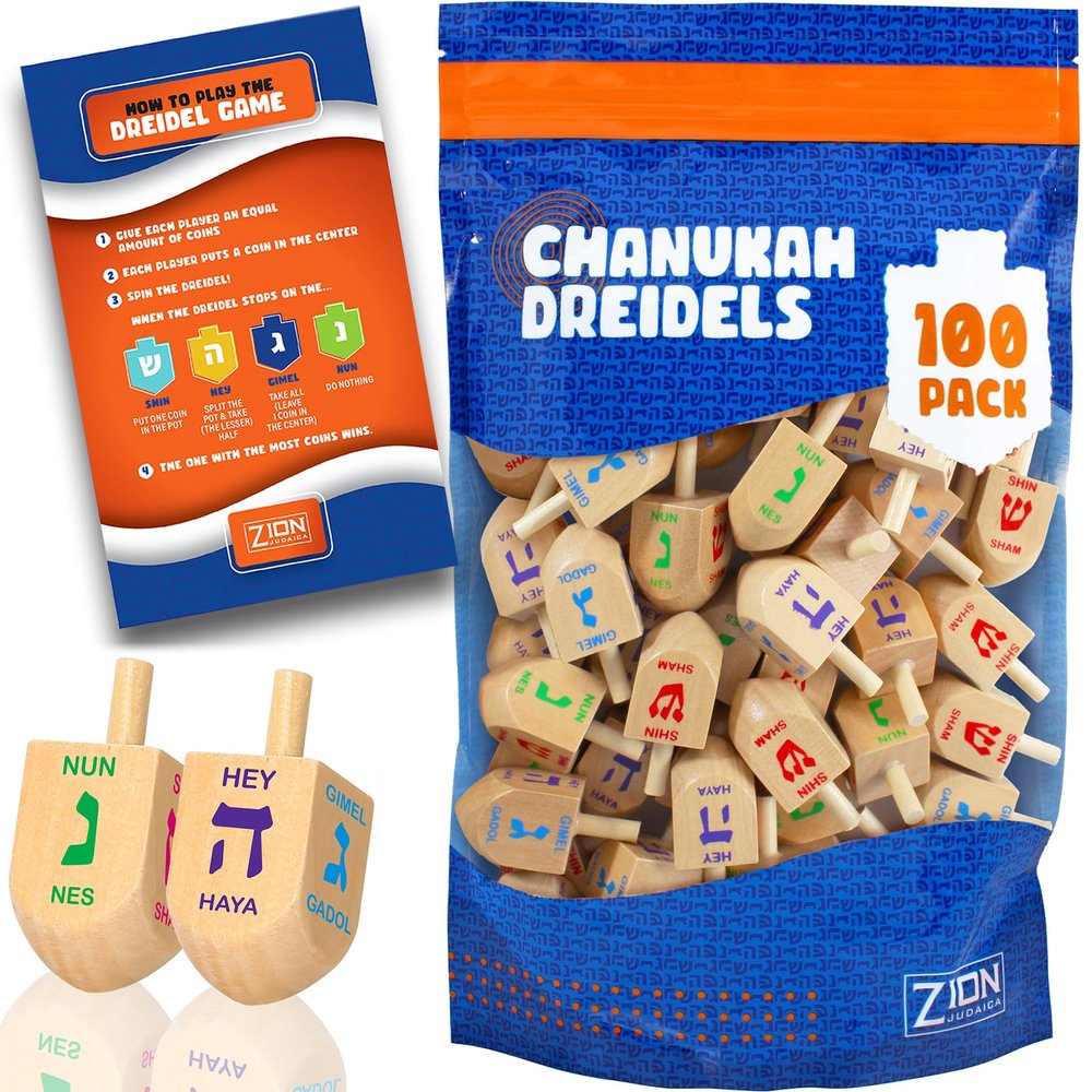 Zion Judaica Bulk Pack Wood Dreidels Medium Bulk-Pack Wooden Hanukkah Dreidles in Ziplock Bag Traditional Chanukah Game Hanukkah Spinning Tops (100 Pack)