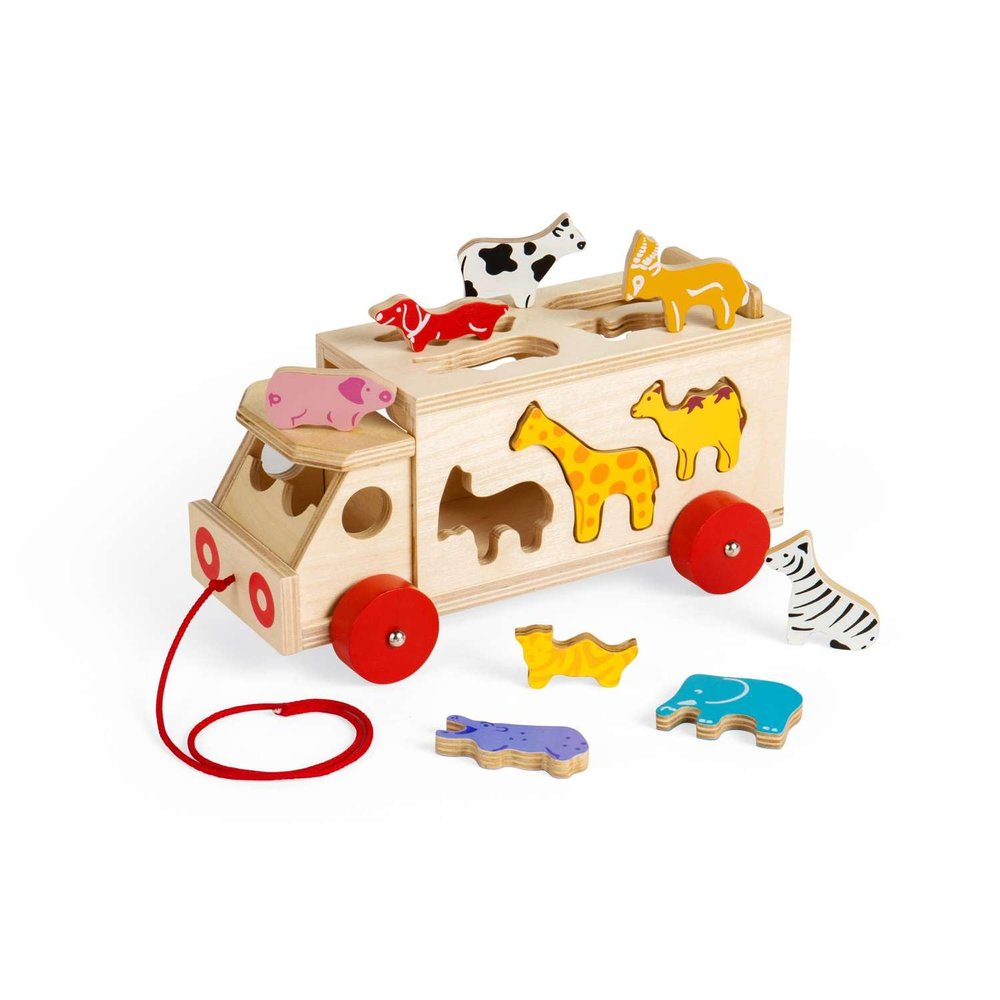 Bigjigs Toys, Animal Lorry Wooden Shape Sorter, Shape Sorters for 2 Year Olds, Pull Along Toy, Baby Wooden Toys