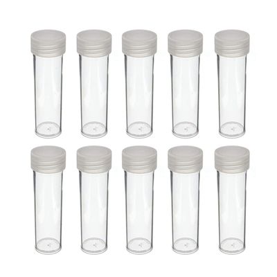 COIN STORAGE TUBES, round clear plastic w/ screw on tops for CENTS / PENNIES (Quantity of 10 tubes)