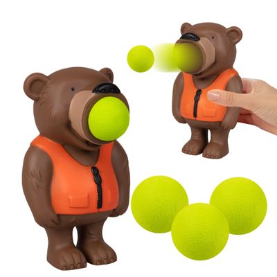 Hog Wild Bear Ball Popper Toy - Holiday Stocking Stuffer Includes 4 Soft Foam Balls - Squeeze to Pop Air Powered Balls Up to 20 Feet - for Indoor/Outdoor Play - Gift for Kids, Girls, Boys