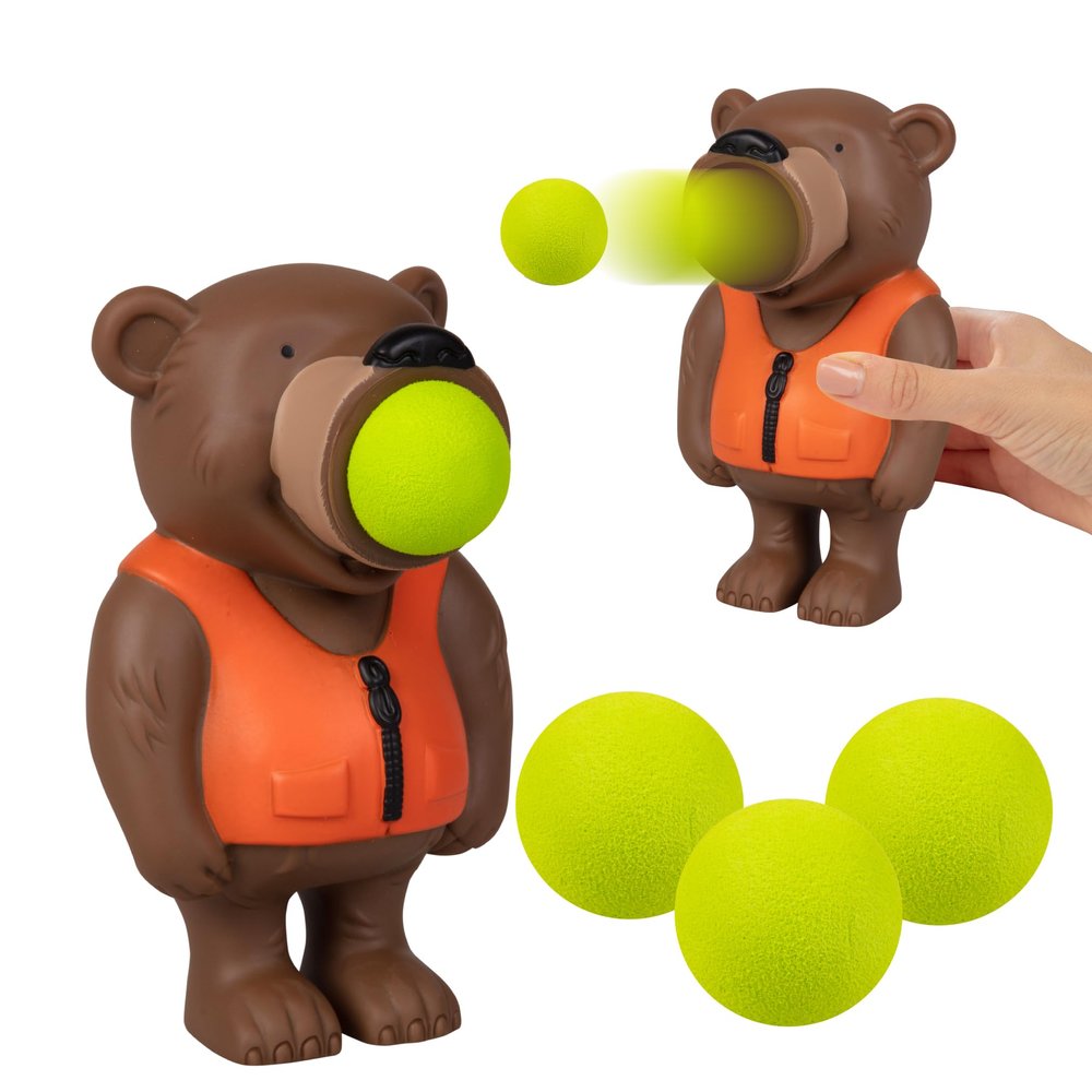 Hog Wild Bear Ball Popper Toy - Holiday Stocking Stuffer Includes 4 Soft Foam Balls - Squeeze to Pop Air Powered Balls Up to 20 Feet - for Indoor/Outdoor Play - Gift for Kids, Girls, Boys