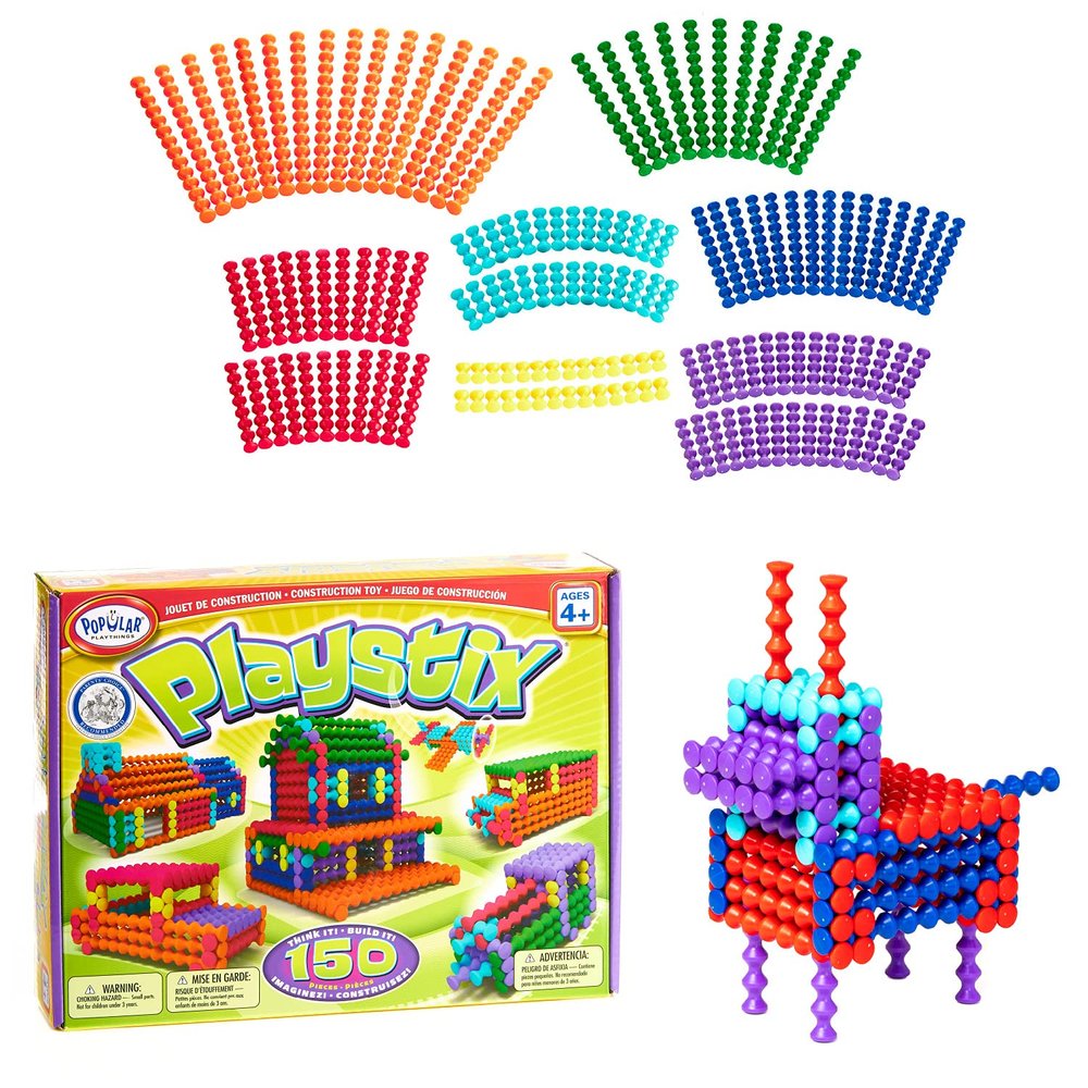 POPULAR PLAYTHINGS Playstix Construction Toy Set with Building Sticks for STEM and Classroom Use, for Kids Ages 4 and Up - 150 Piece Kit