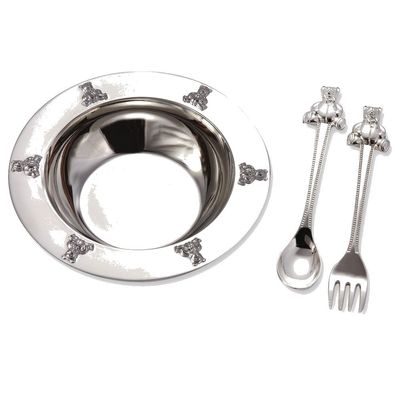 1 X Silverplated Baby Bear Bowl, Spoon, Fork Set by Elegance Silver