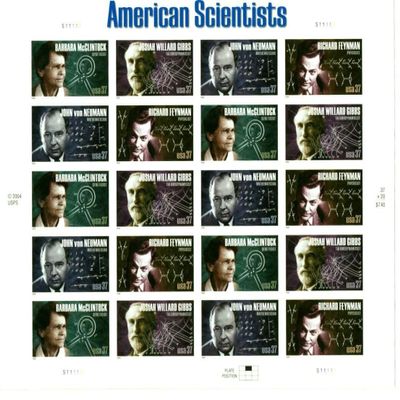 American Scientists (Barbara McClintock, Josiah Willard Gibbs, John von Neumann, Richard Feynman), Full Sheet of 20 x 37-Cent Postage Stamps, USA 2005, Scott 3906-09