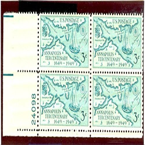 late Block of 4, $0.03 Cent US Postage Stamps, Annapolis Tercentenary, 1949, S#984