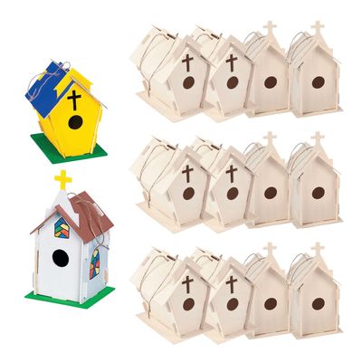 Fun Express DIY Beautiful Church Birdhouses Craft Kit - Paint Your Own Creative Art Activity for Kids Sunday School & Church Events - Educational Fun and Engaging for Group Projects - 12 Pieces