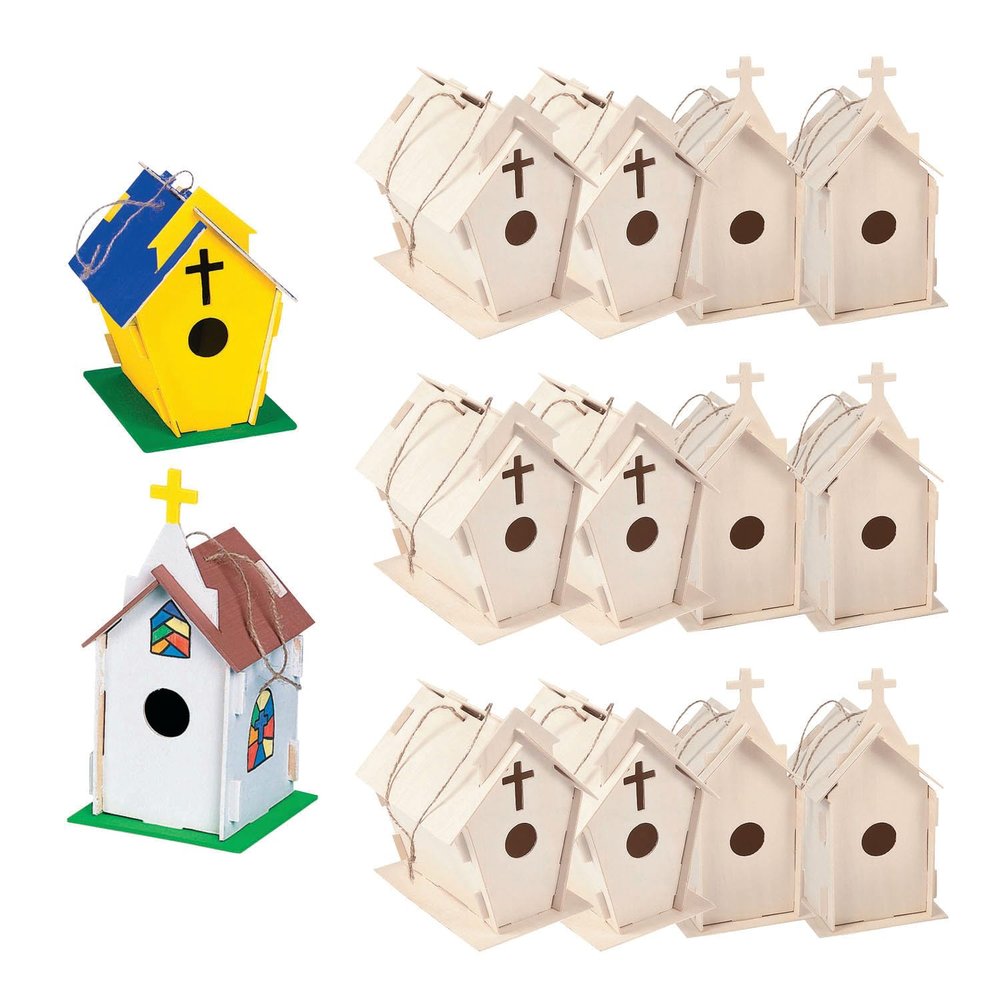 Fun Express DIY Beautiful Church Birdhouses Craft Kit - Paint Your Own Creative Art Activity for Kids Sunday School & Church Events - Educational Fun and Engaging for Group Projects - 12 Pieces