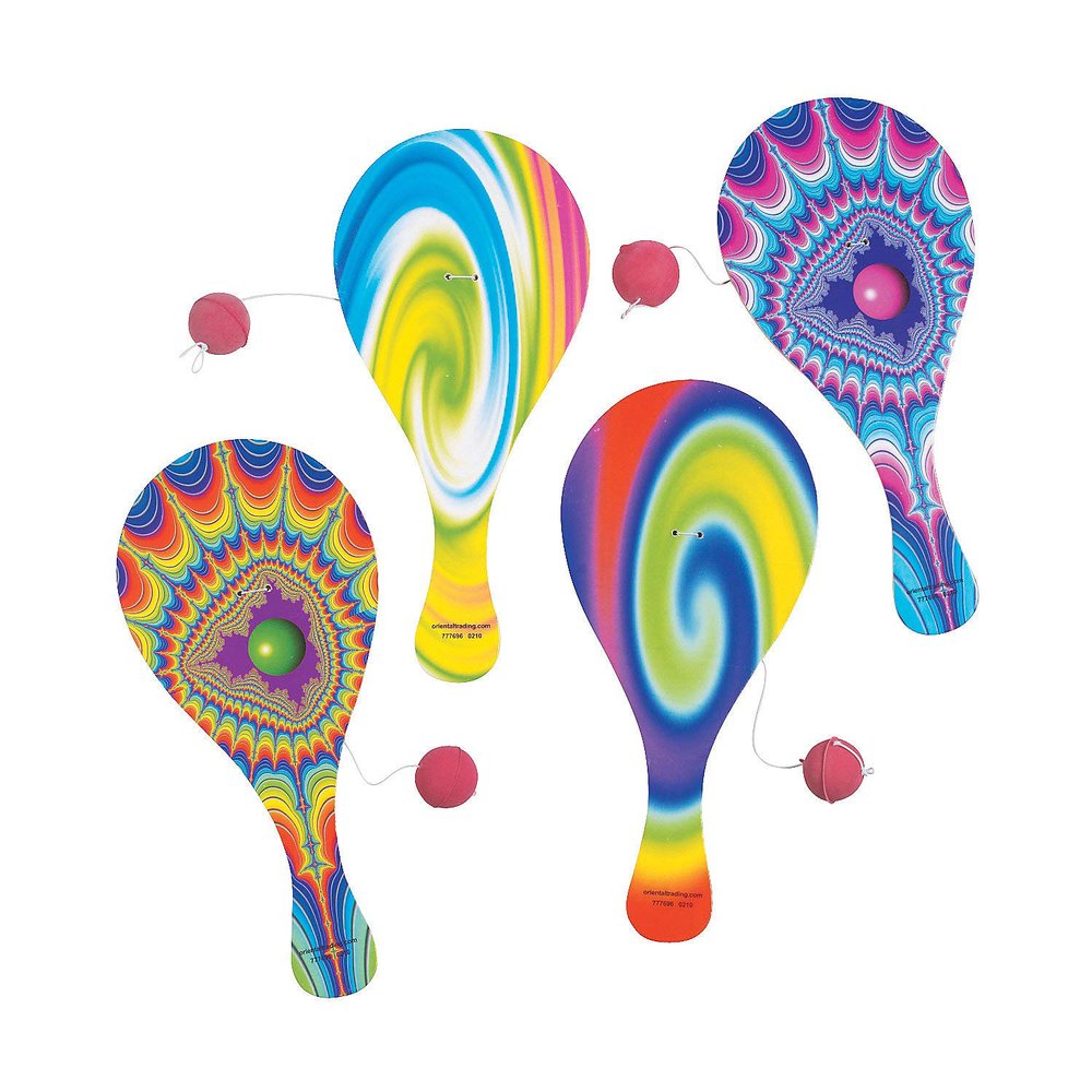 Fun Express Classic Paddle Ball Games Set of 12 - Vintage Wooden Paddle Ball Toys with String for Kids | Retro 90s Nostalgia Party Favors | Psychedelic Design Traditional Paddleball Game Set