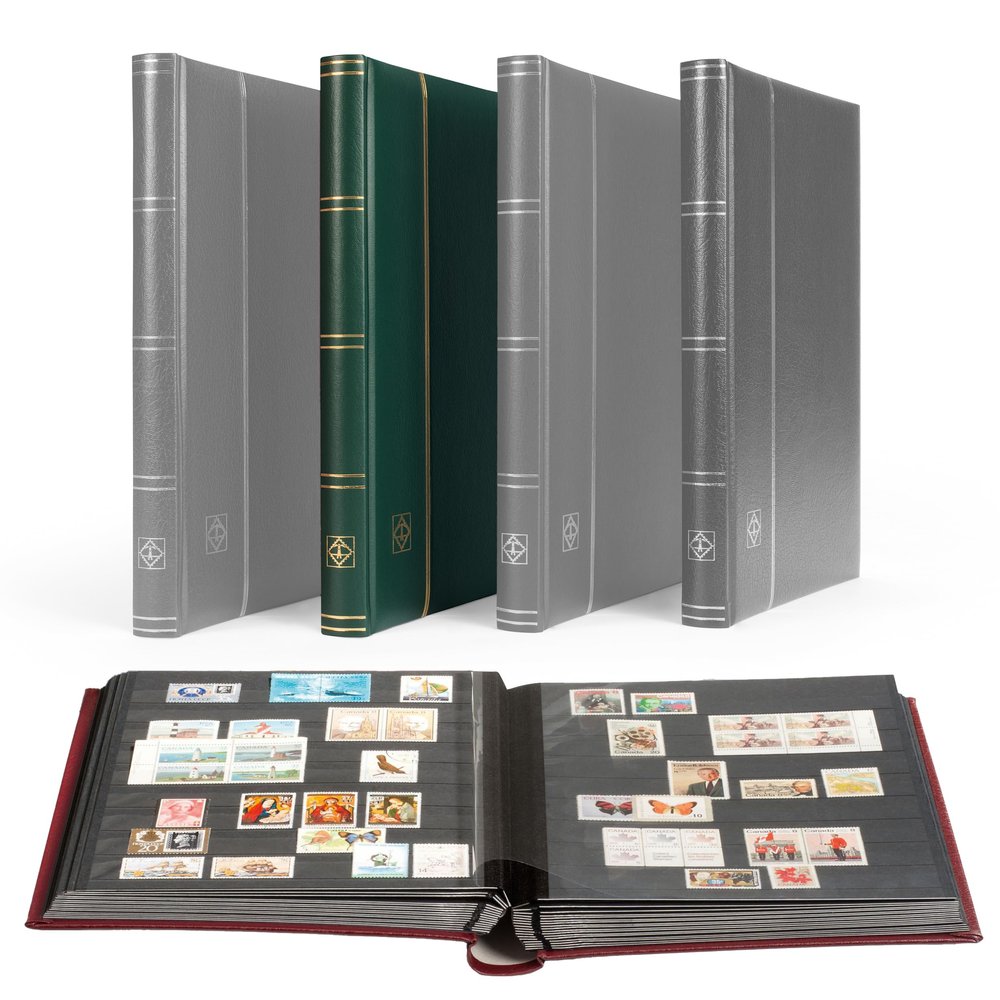 LIGHTHOUSE  PREMIUM Bonded Leather Cover Stockbook for Stamps - 32 Black Cardstock A4 Pages with Clear Strips and Double Linen Hinges - Green