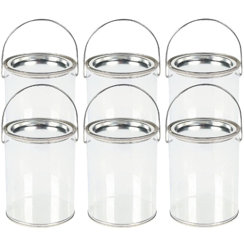 Clear Paint Can Containers with Metal Lids (Set of 6 Plastic Buckets) Great for Party Favors, Decor and DIY Projects