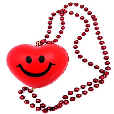 Smiley Happy Face Red Heart Mardi Gras Bead Neckace New Orleans Beads Lousiana Party