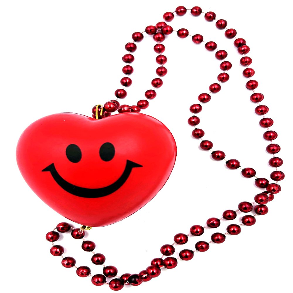Smiley Happy Face Red Heart Mardi Gras Bead Neckace New Orleans Beads Lousiana Party