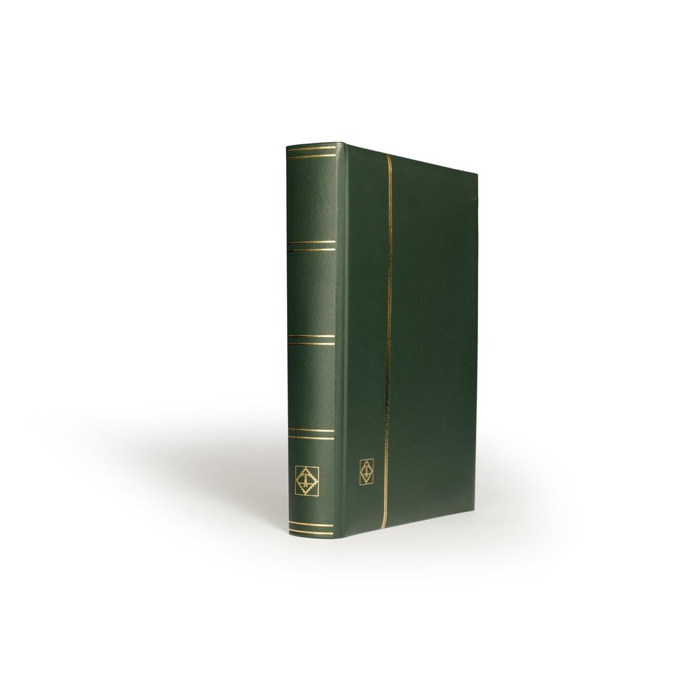 LIGHTHOUSE PREMIUM Bonded Leather Cover Stockbook for Stamps - 64 Black Cardstock A4 Pages with Clear Strips and Double Linen Hinges - Green