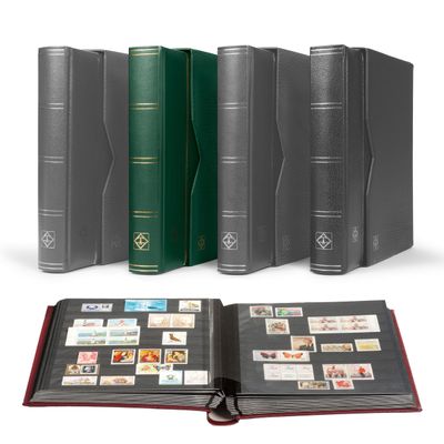 LIGHTHOUSE  PREMIUM Bonded Leather Cover Stockbook for Stamps - 64 Black Cardstock A4 Pages with Clear Strips and Double Linen Hinges - Slipcase Included - Green