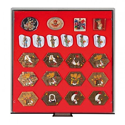 Lindner 2457 Collection Box for Pins / Medals/ Emblems-smoked glass/ red inserts