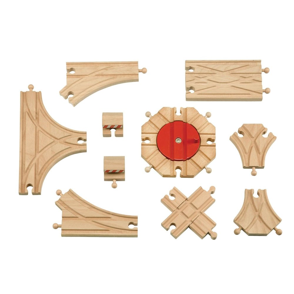 Maxim Enterprise, inc. Expansion Wooden Train Tracks Switch with Railway Crossing Track, Genuine Hardwood Tracks Compatible with Thomas & Friends, Brio Train Accessories, Melissa and Doug, 11 Piece
