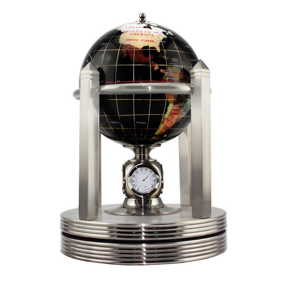American Atelier Polished Stone Globe with Brass Clock Stand, Black