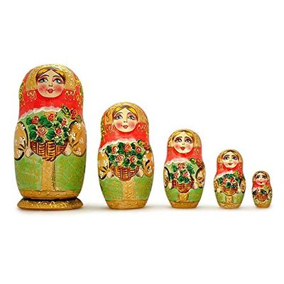 BestPysanky 5 Girls with Basket Flowers Nesting Dolls 6.5 Inches