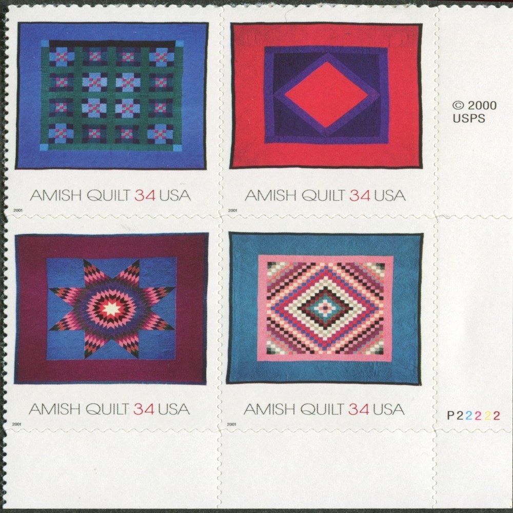AMISH QUILTS ~ AMERICAN FOLK ART ~ QUILTING #3527 Plate Block of 4 x 34 US Postage Stamps