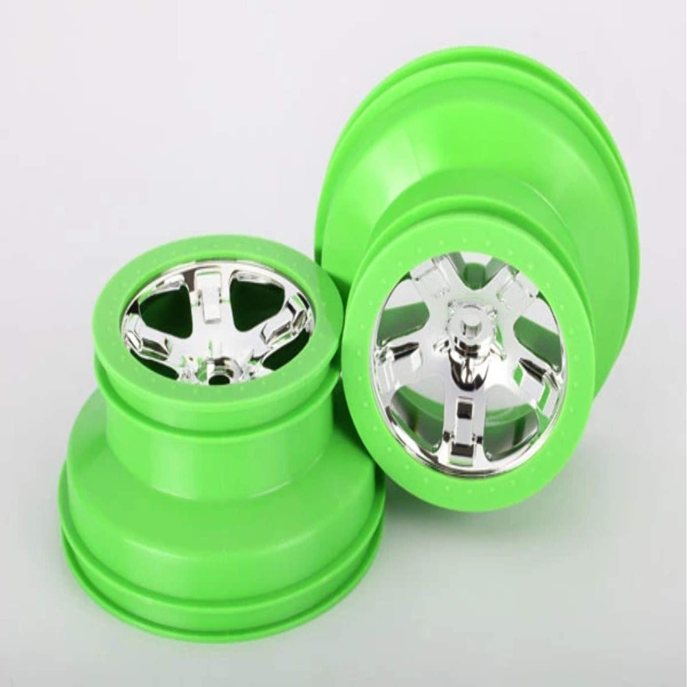 Traxxas 4WD Front/2WD Rear SCT Beadlock Style Dual Profile Wheels (2.2 Outer 3.0 Inner), Chrome/Green