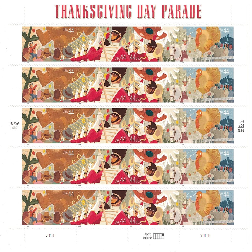 Thanksgiving Day Parade Full Sheet of 20 x 44-Cent Stamps, USA 2009, Scott 4417-4420