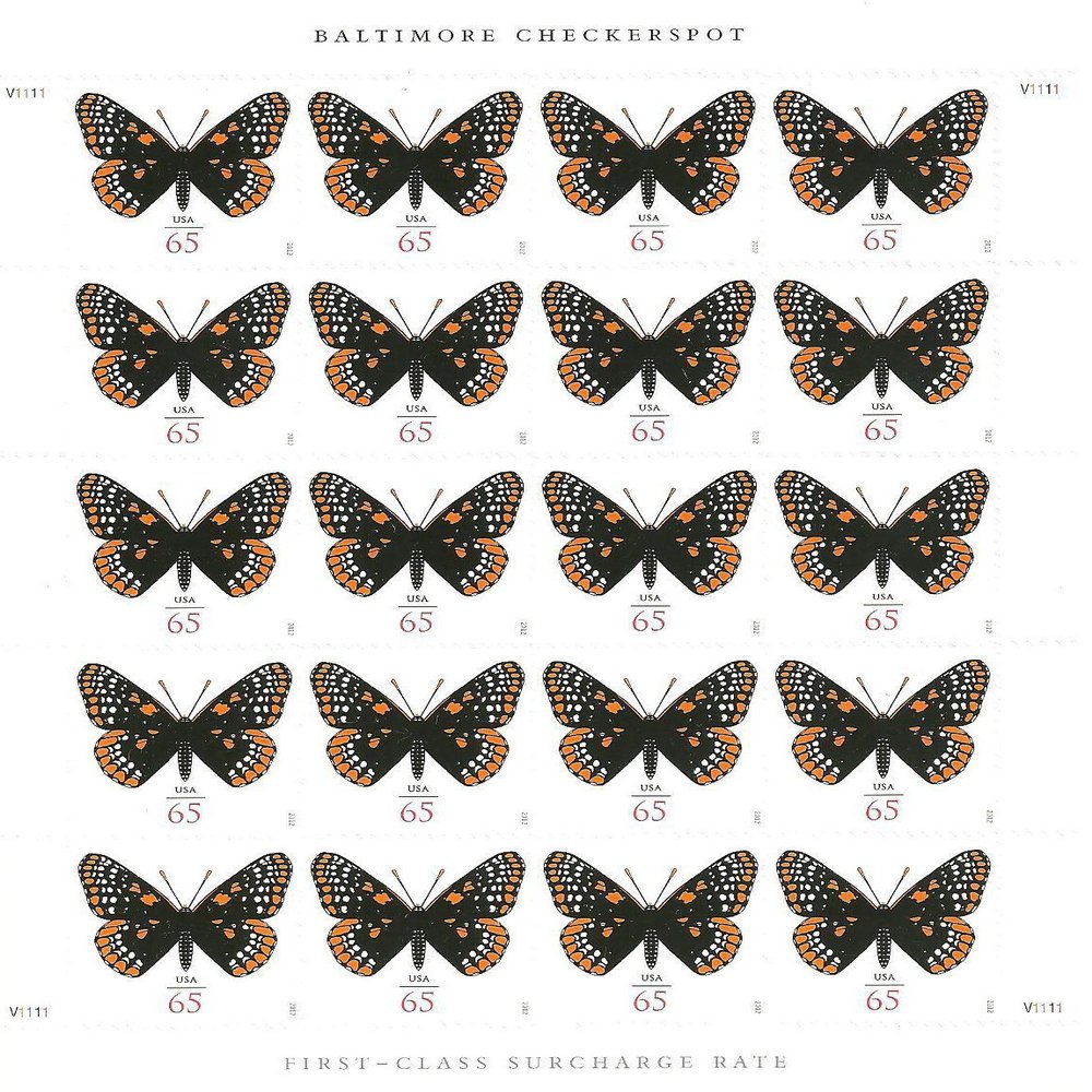 USPS Baltimore Checkerspot Butterfly Sheet of 20 65 Cent Stamps Scott 4603