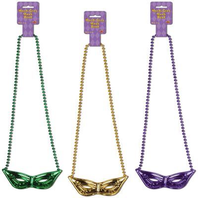 Beads w/Mask Medallion (asstd gold, green, purple) Party Accessory (1 count) (1/Card)