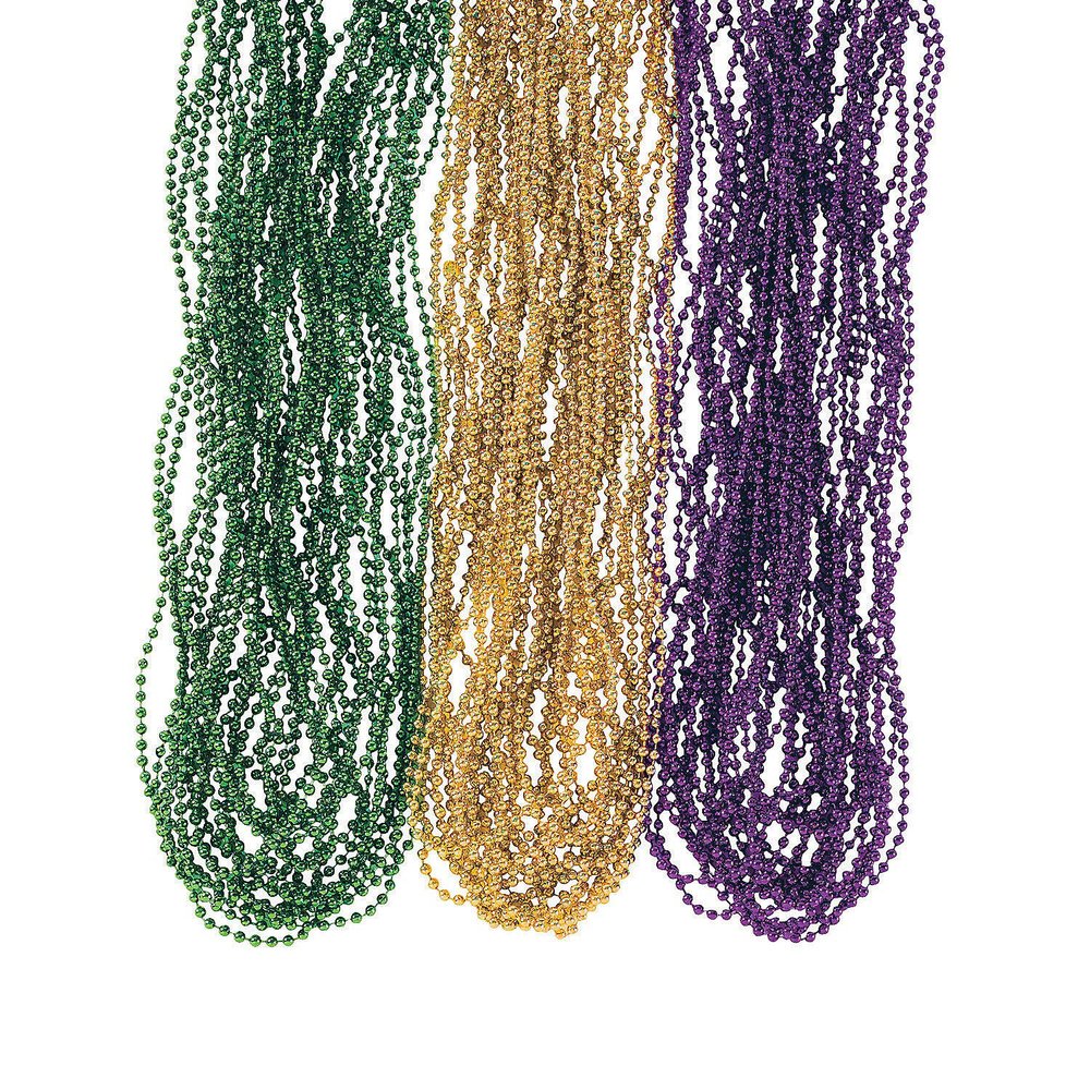 Fun Express Metallic Mardi Gras Beads - 144 Pieces Plastic Purple Gold and Green Round Beads for Jewelry
