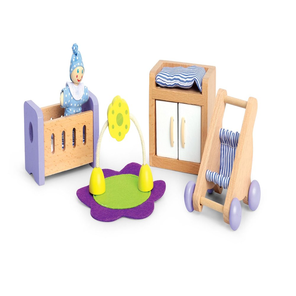 Hape Wooden Doll House Furniture Baby's Room Set with Baby| Pretend Playset for Kids Wooden Dollhouse