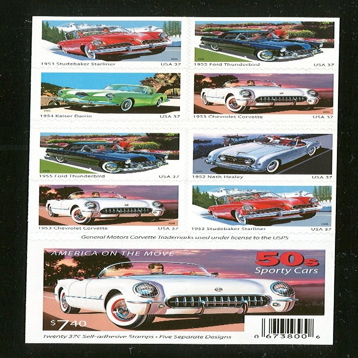 50's Sporty Cars - Book of 20 37 Stamps