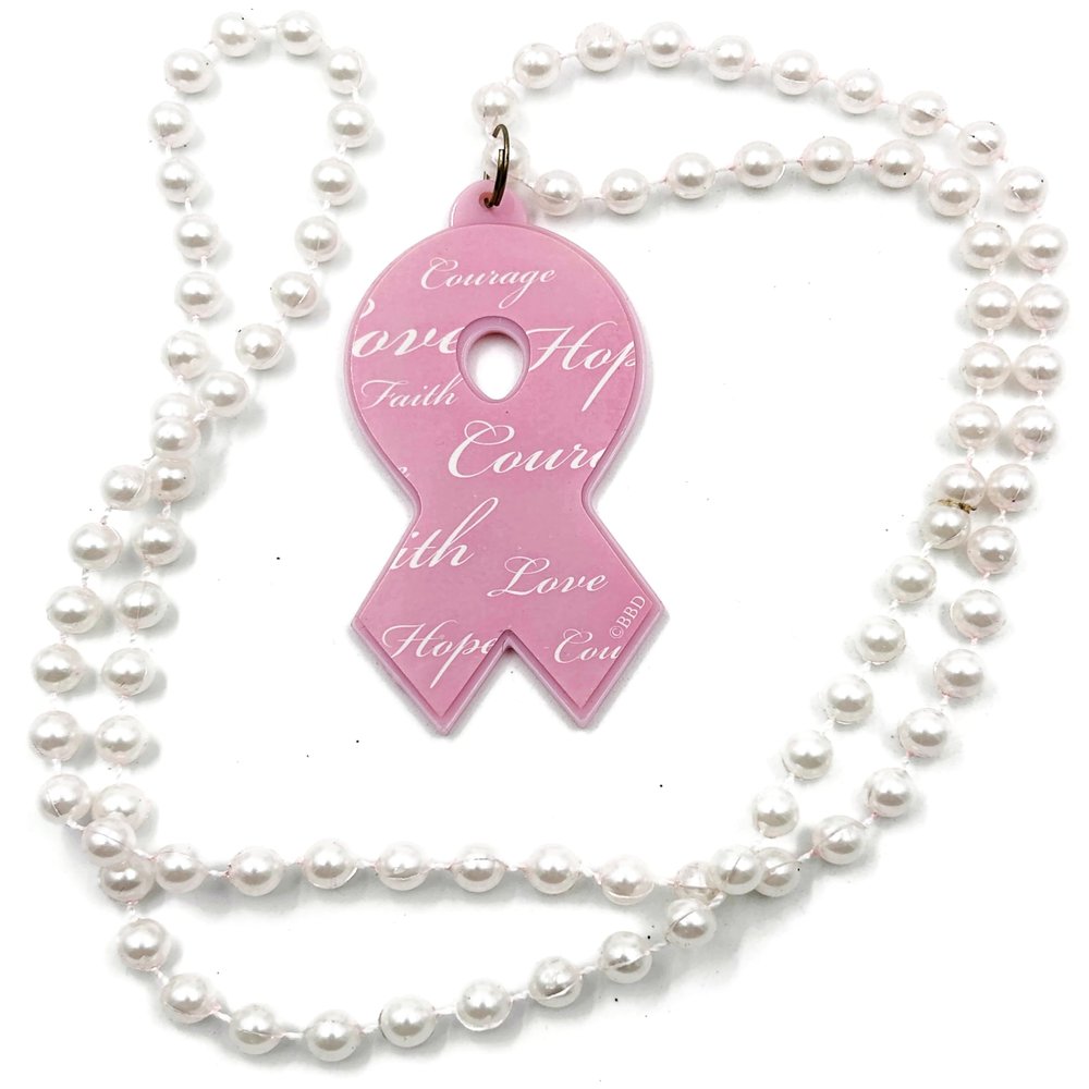Cancer Pink Ribbon Mardi Gras Bead Necklace Awareness