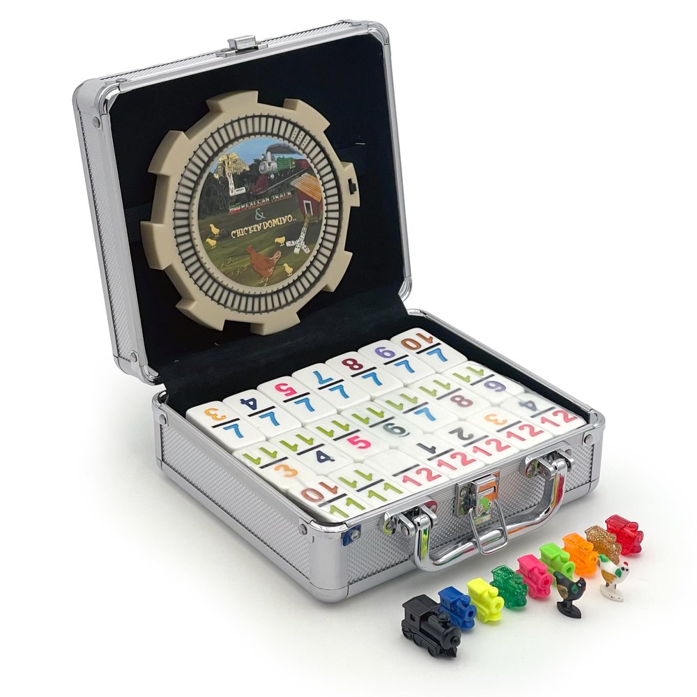 CHH Double 12 Numeral Pro Size Mexican Train & Chicken Domino Set  Aluminum Carrying Case  Complete Set with Plastic Hub, Train Markers, and Chicken Foot Markers