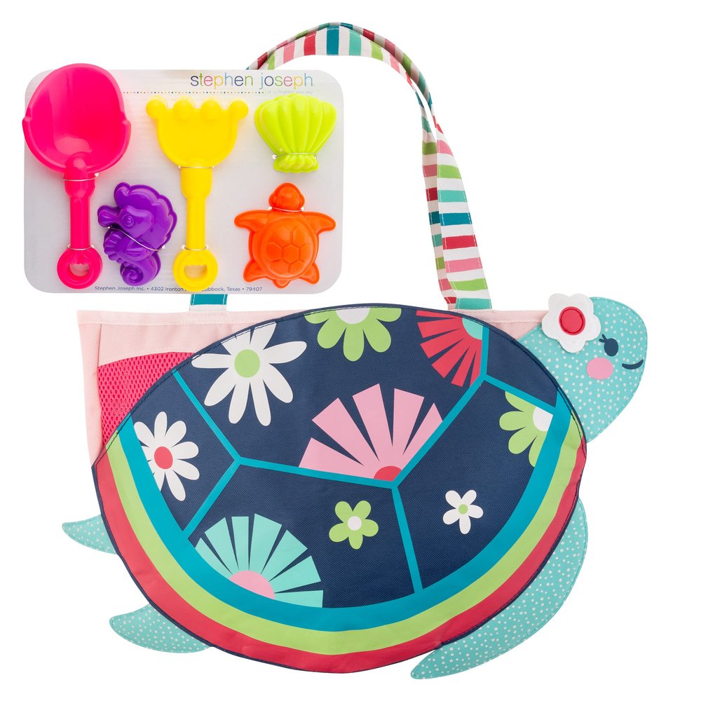 Stephen Joseph, Beach Tote with Sand Toys - Toddler and Baby Beach Toys, Travel Friendly Beach Set, 6 Piece Beach Play Set, Beach Bag with Sand Toys for Toddlers and Kids, Turtle