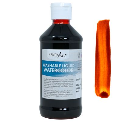 Handy Art Washable Liquid Watercolor, Orange, 8 oz Bottle, Dye-Based Color, Easy to Dilute with Water, Ready to Use Concentrated Paint, Certified Safe & AP Non-Toxic, Made in USA