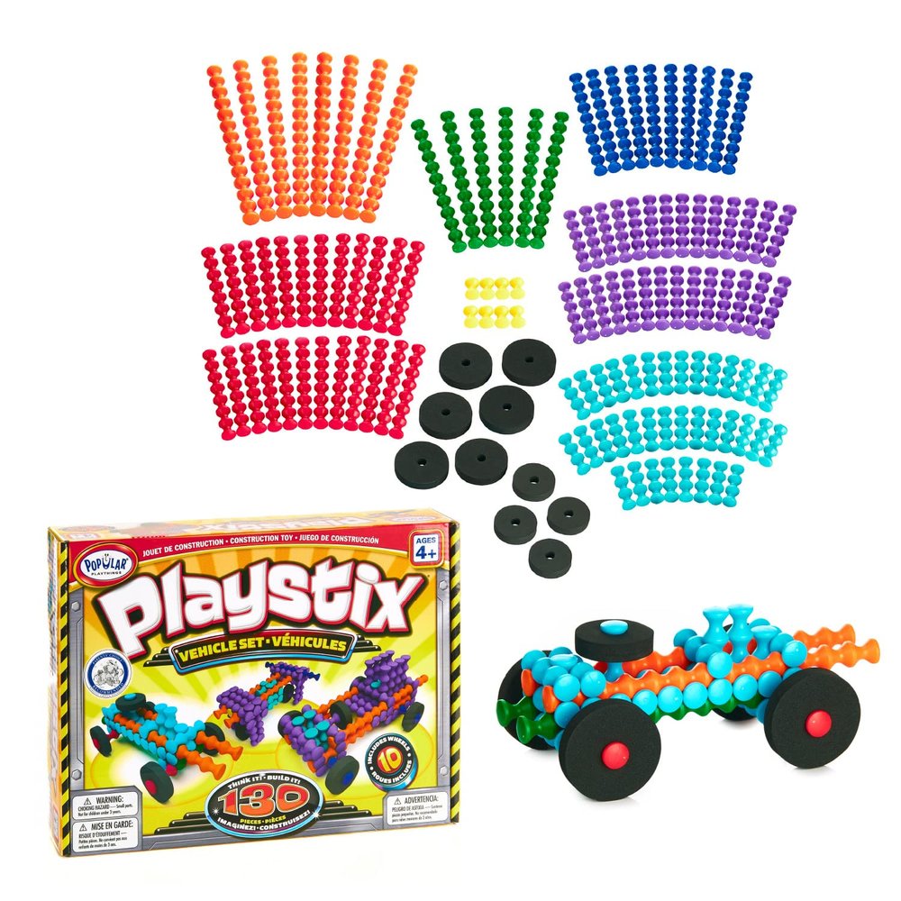 POPULAR PLAYTHINGS Playstix, Building Sticks Kit for Kids, Construction Stem Building Toy Gift for Boys & Girls - 130 Piece