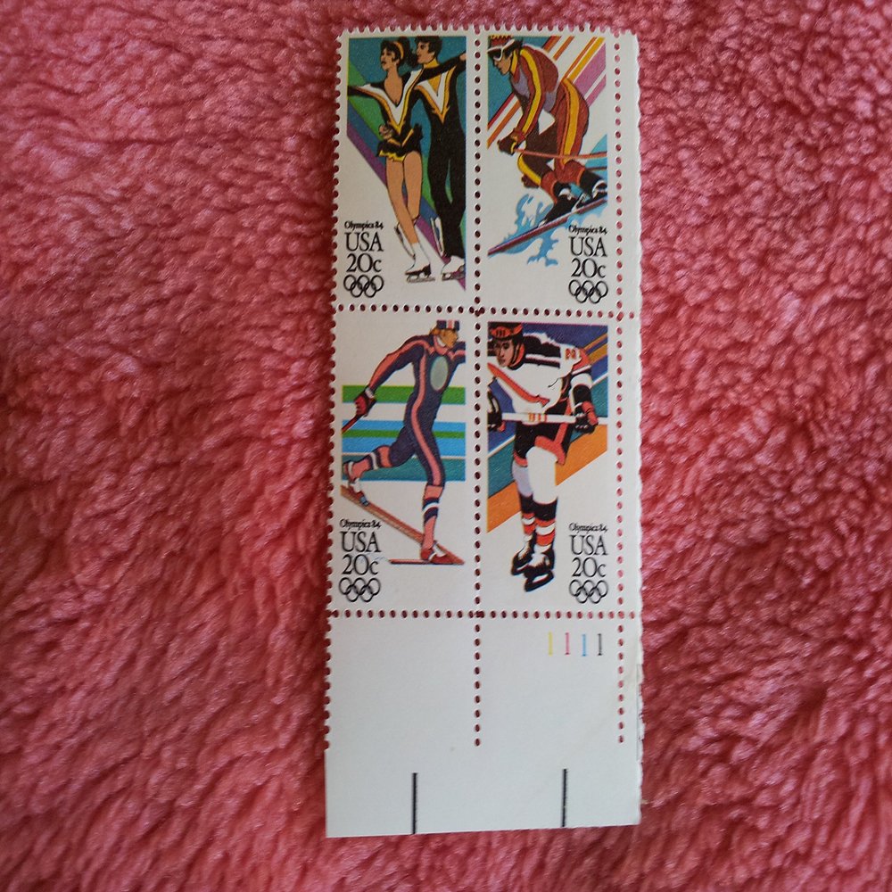 1984 WINTER OLYMPICS '84 ~ SARAJEVO ~ FIGURE SKATING ~ DOWNHILL SKIING ~ CROSS COUNTRY SKIING ~ HOCKEY #2070a Block of 4 x 20 US Postage Stamps