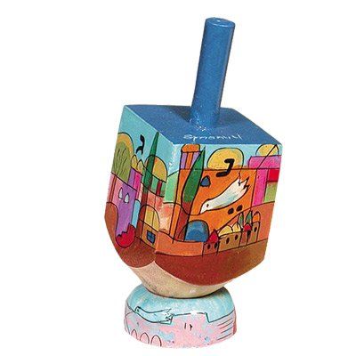 Jerusalem Panorama and Dove Hand Painted Small Wooden Dreidel and matching Stand by Yair Emanuel