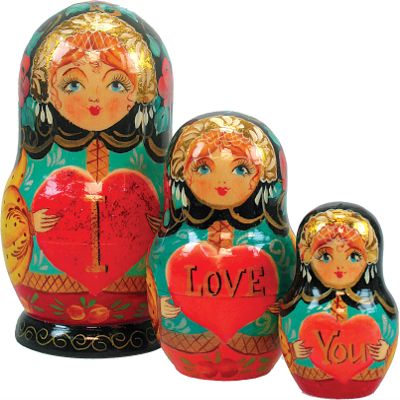 G. Debrekht I Love You Russian Nesting Dolls, Set of 3, Tallest Doll 5-Inch, Hand-Painted