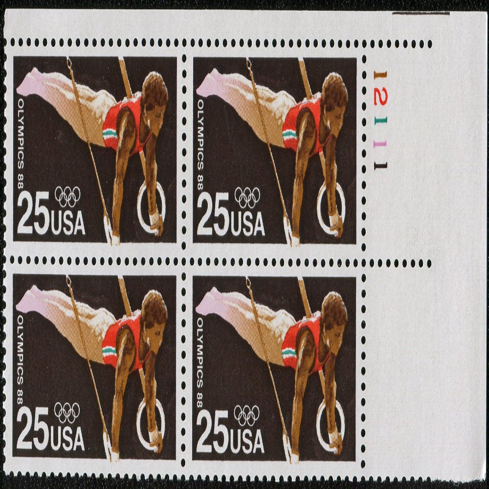1988 SUMMER OLYMPICS ~ SEOUL SOUTH KOREA ~ GYMNASTIC RINGS #2380 Plate Block of 4 x 25 US Postage Stamps