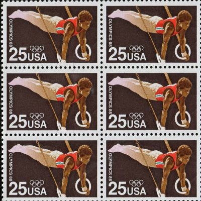 1988 SUMMER OLYMPICS ~ SEOUL SOUTH KOREA ~ GYMNASTIC RINGS #2380 Block of 6 x 25 US Postage Stamps