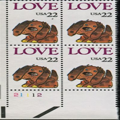 1986 PUPPY LOVE #2202 Plate Block of 4 x 22 cents US Postage Stamps