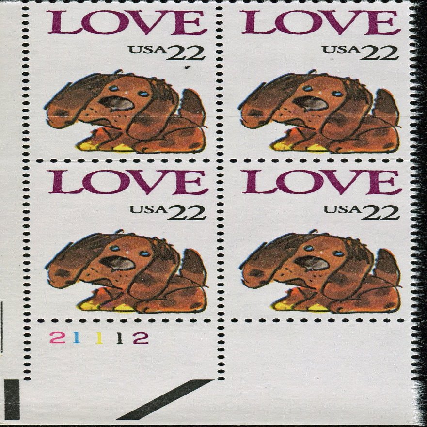 1986 PUPPY LOVE #2202 Plate Block of 4 x 22 cents US Postage Stamps
