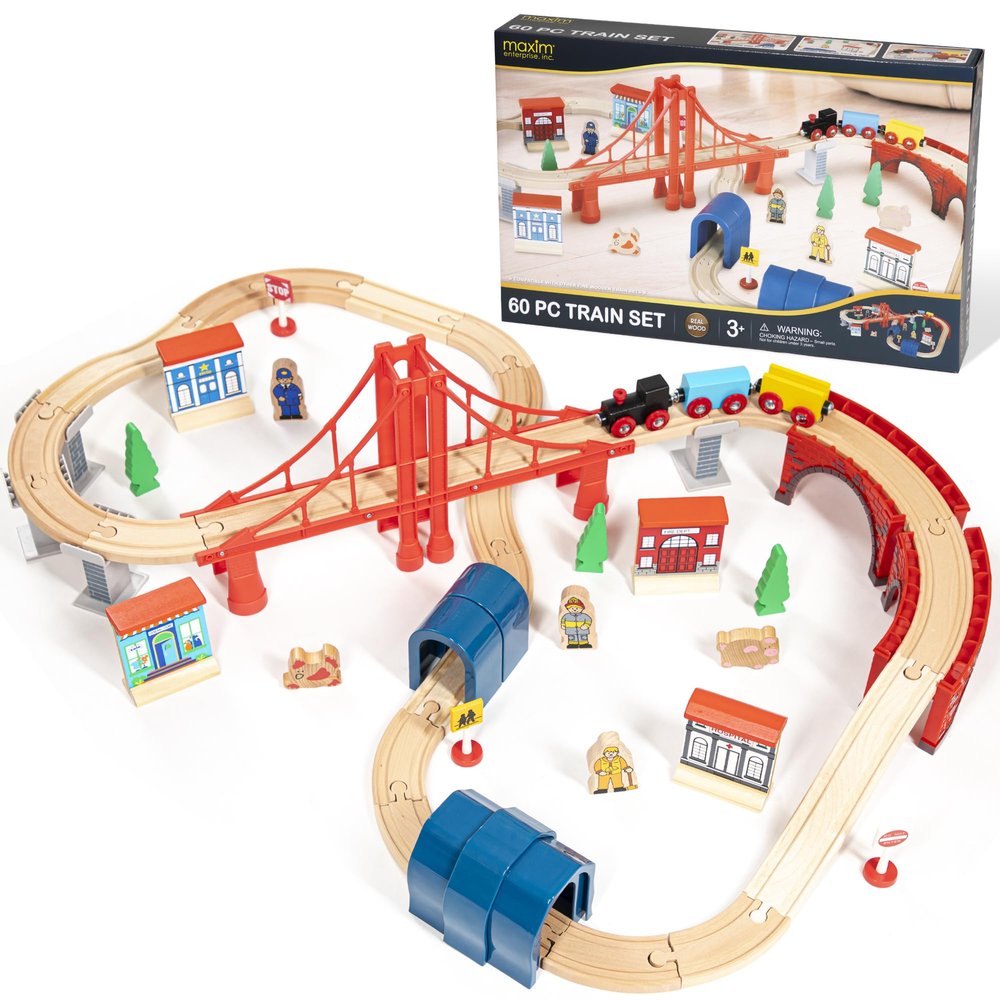 Maxim Enterprise, inc. Giant 60 pc Wooden Train Set - Complete Toy Railway w/Tracks, Engine, Cars, Bridges, Stations, People, Signs. Genuine Hardwood, Compatible with All Major Brand Accessories