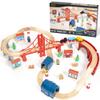 Maxim Enterprise, inc. Giant 60 pc Wooden Train Set - Complete Toy Railway w/Tracks, Engine, Cars, Bridges, Stations, People, Signs. Genuine Hardwood, Compatible with All Major Brand Accessories view 1